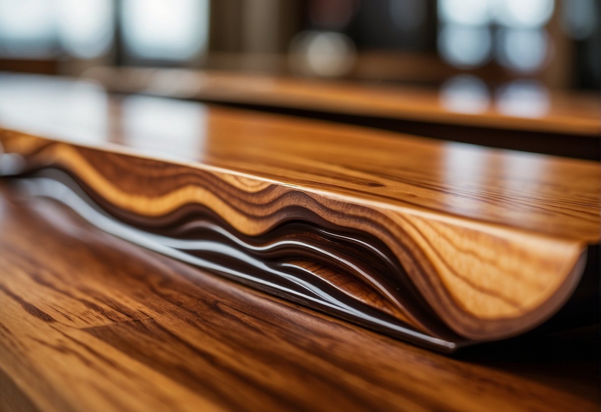 A wooden surface split in half, one side coated in glossy polyurethane, the other in a matte tung oil finish. Light reflects off the polyurethane, while the tung oil has a more natural, earthy appearance