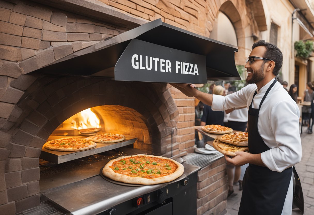 A bustling pizzeria with a sign "Gluten Free Pizza" attracts a crowd. A chef prepares a crispy, golden pizza in a brick oven