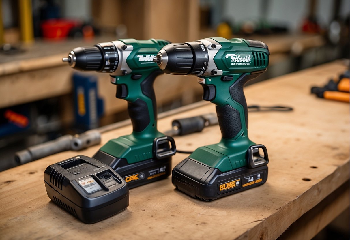 Two cordless drills, one with 12v and the other with 18v, placed side by side on a workbench. The 12v drill is smaller and has a green color, while the 18v drill is larger and has