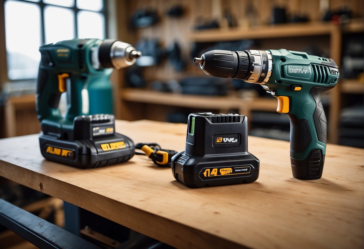 A 12v and 18v drill sit side by side on a workbench. The 12v drill is smaller and lighter, with a sleek design. The 18v drill is larger and heavier, with a more robust and ergonomic handle