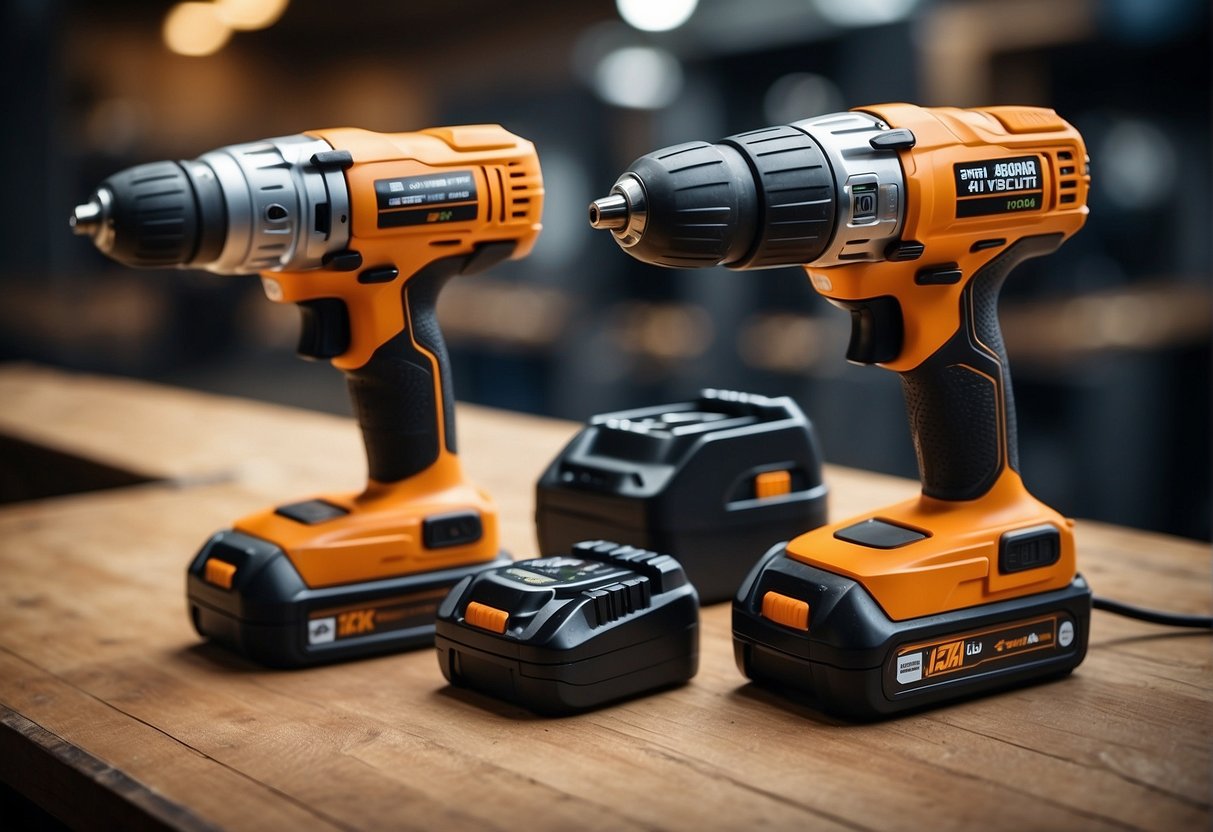 A 12v and 18v drill side by side, with price tags and performance statistics displayed