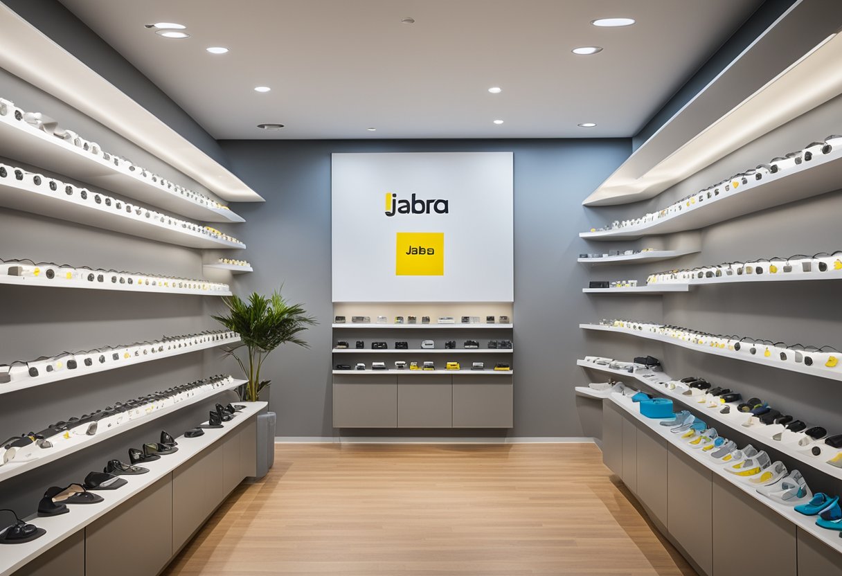 A brightly lit display of Jabra hearing aids on shelves with a logo prominently displayed