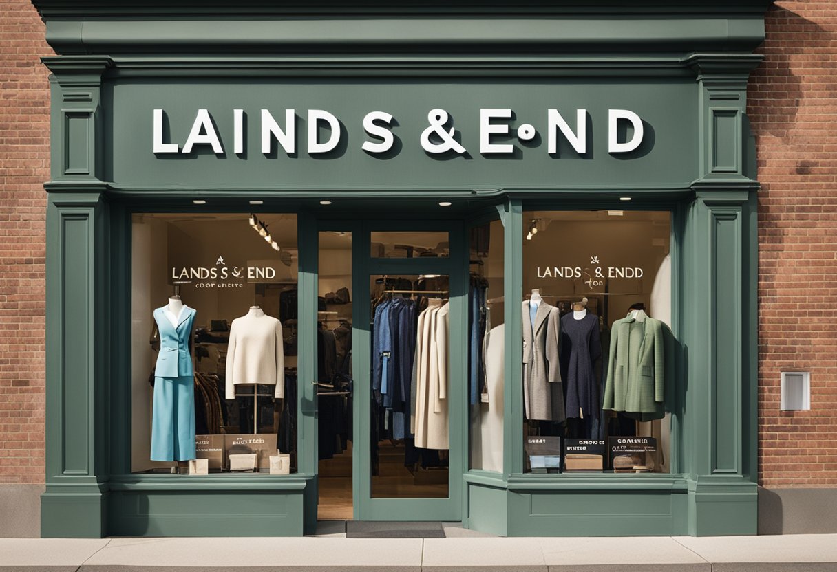 A storefront sign reads "Lands End Clothing for Sale" with a display of various garments in a well-lit window