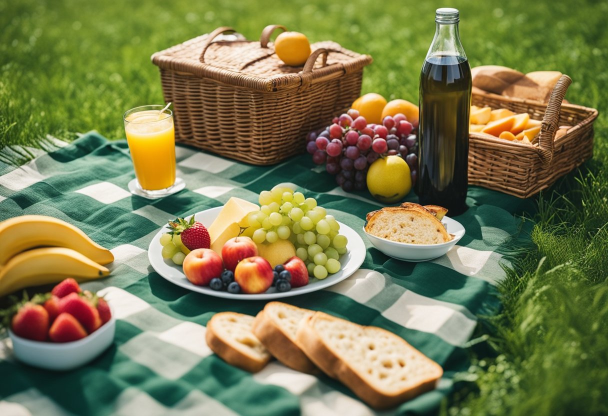 A colorful picnic blanket spread out on green grass with a wicker basket, sandwiches, fruits, and a thermos of drinks