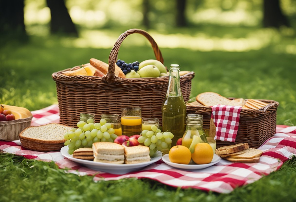 A spread of picnic items, including a checkered blanket, a wicker basket, sandwiches, fruits, and drinks, set against a lush green backdrop