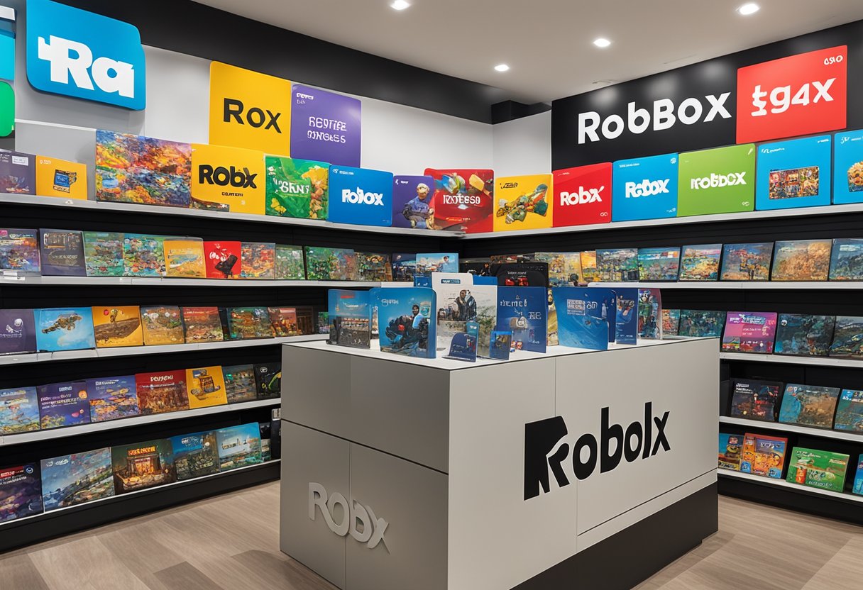 A store display with Roblox gift cards prominently featured, surrounded by other gaming and gift card options