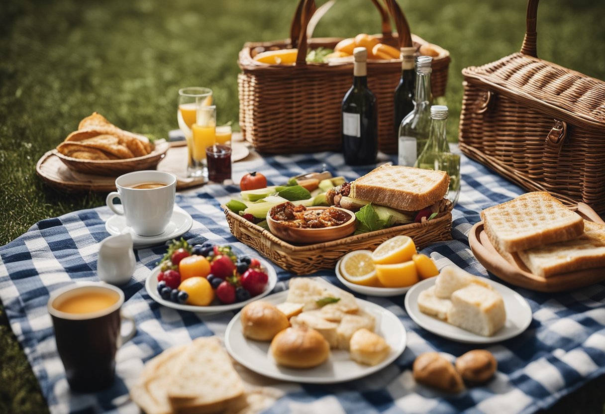 A picnic scene with a checkered blanket, wicker basket, assorted food, drinks, and a price tag