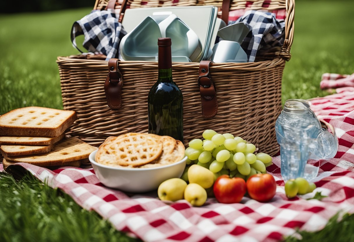 A checkered picnic blanket is spread out on green grass. A wicker basket is filled with assorted food items, a bottle of wine, and a reusable water bottle. A calculator and notepad are nearby