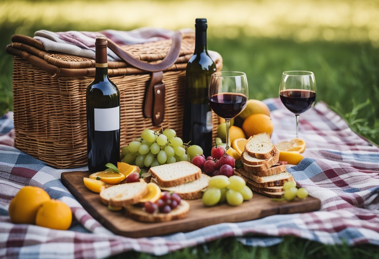 A picnic blanket spread with a wicker basket, sandwiches, fruits, and a bottle of wine. Nearby, a price tag on a picnic set