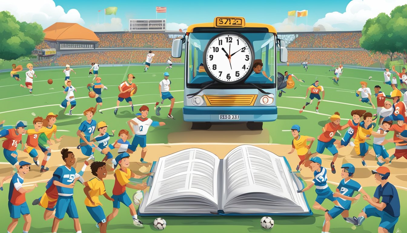 A clock showing the time as 3:2, a bus with the number 32, a recipe book open to page 32, and a sports team with 32 players on the field