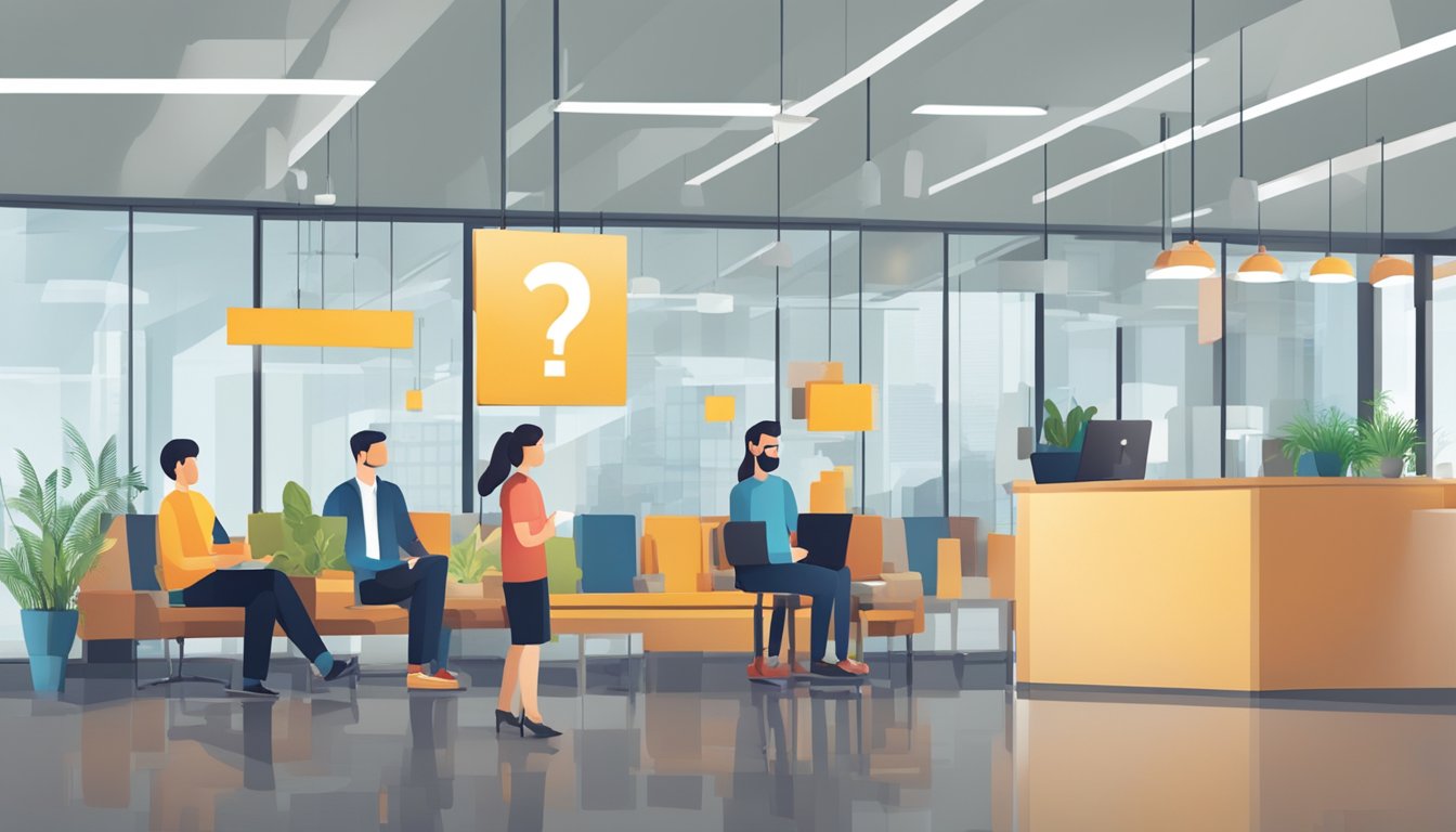 A large "Frequently Asked Questions 35 Significado" sign hanging in a busy office lobby.</p><p>People are seen glancing at it as they pass by