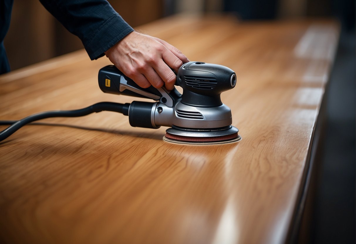 An orbital sander smoothly sands a wooden surface, creating a uniform and polished finish