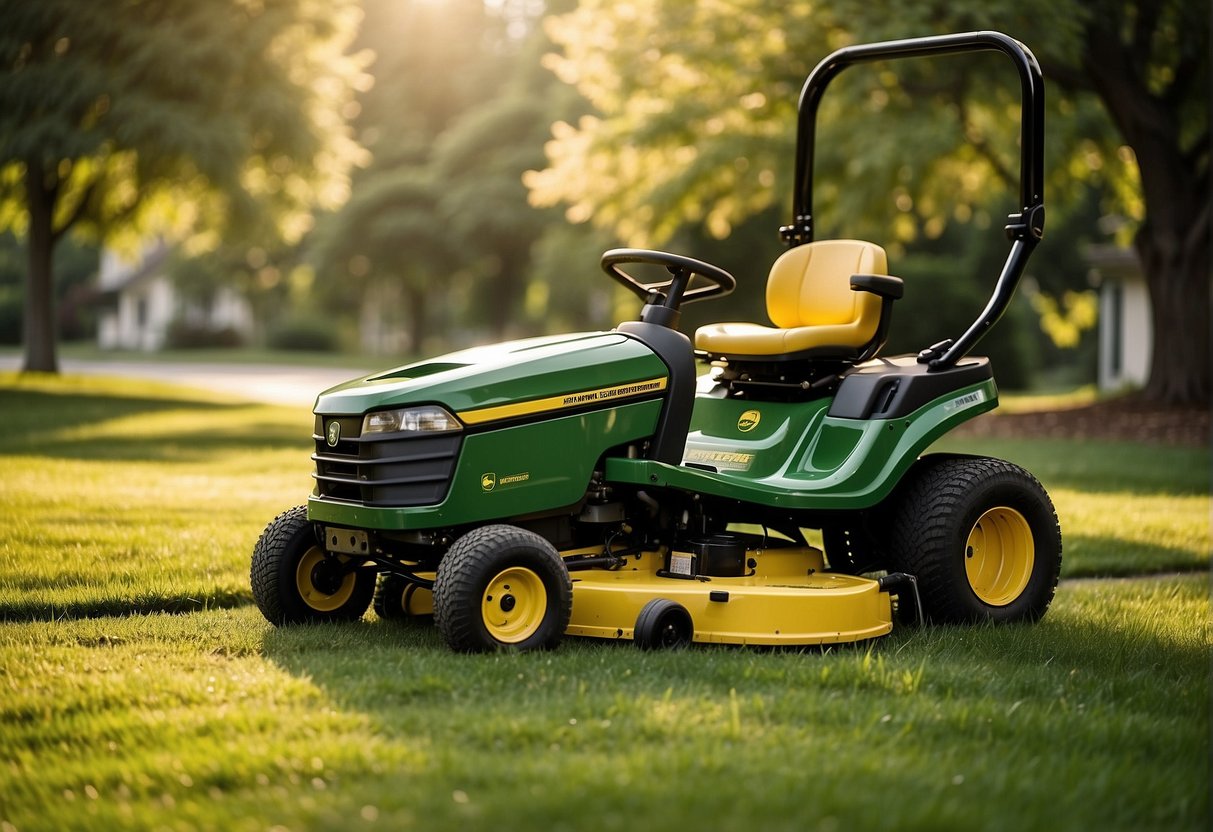 Two John Deere lawn mowers, S120 and S130, facing each other in a grassy yard. The sun is shining, and there are trees in the background