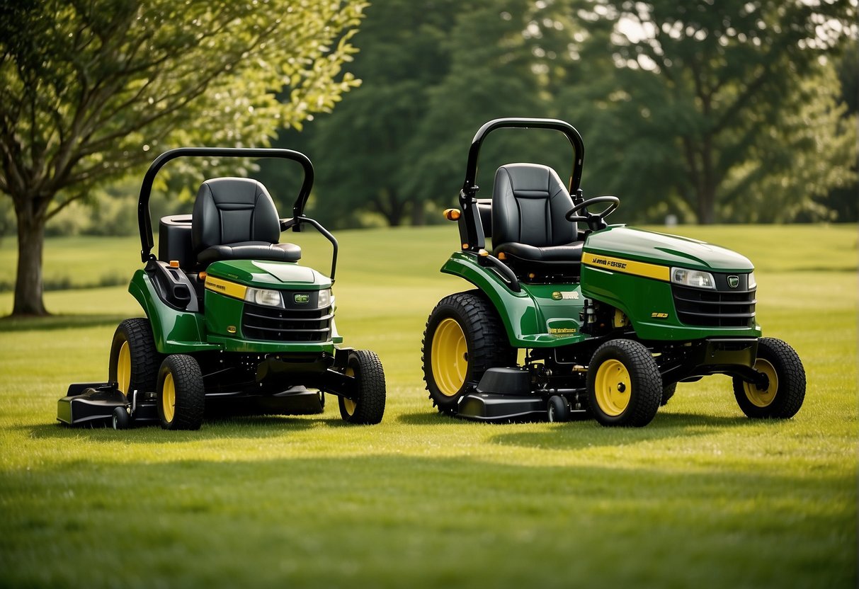 Two John Deere mowers, S120 and S130, side by side in a lush green lawn, with the S130 emitting a powerful and efficient performance compared to the S120
