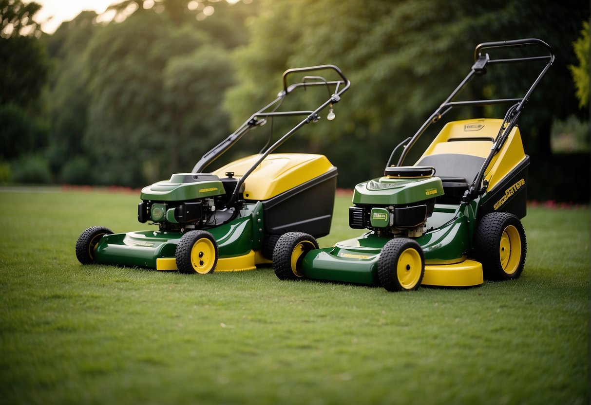 Two lawnmowers side by side, labeled "John Deere S120" and "S130." The S130 is slightly larger and has additional features, indicating higher value