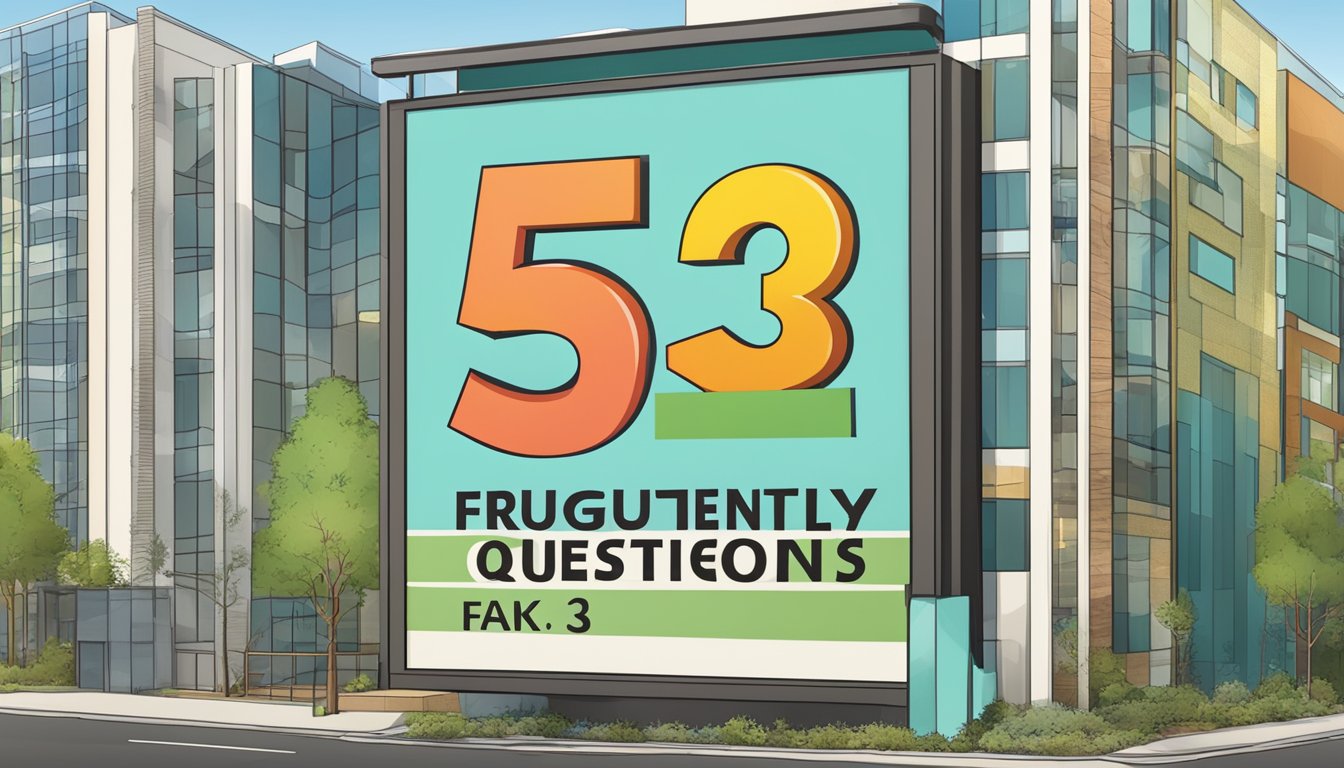 A large sign with "Frequently Asked Questions 53" displayed prominently