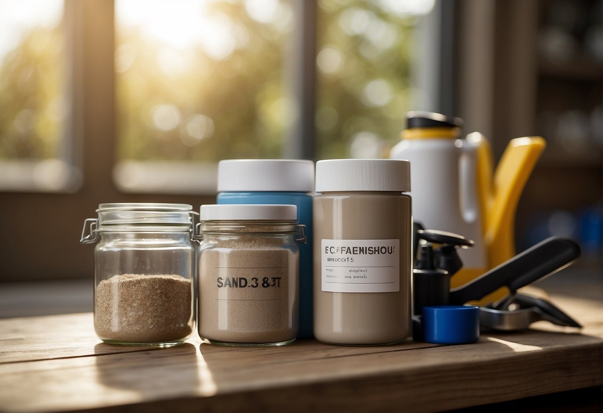 A table with two containers labeled "easy sand 20" and "easy sand 45" next to a set of tools and a step-by-step guide