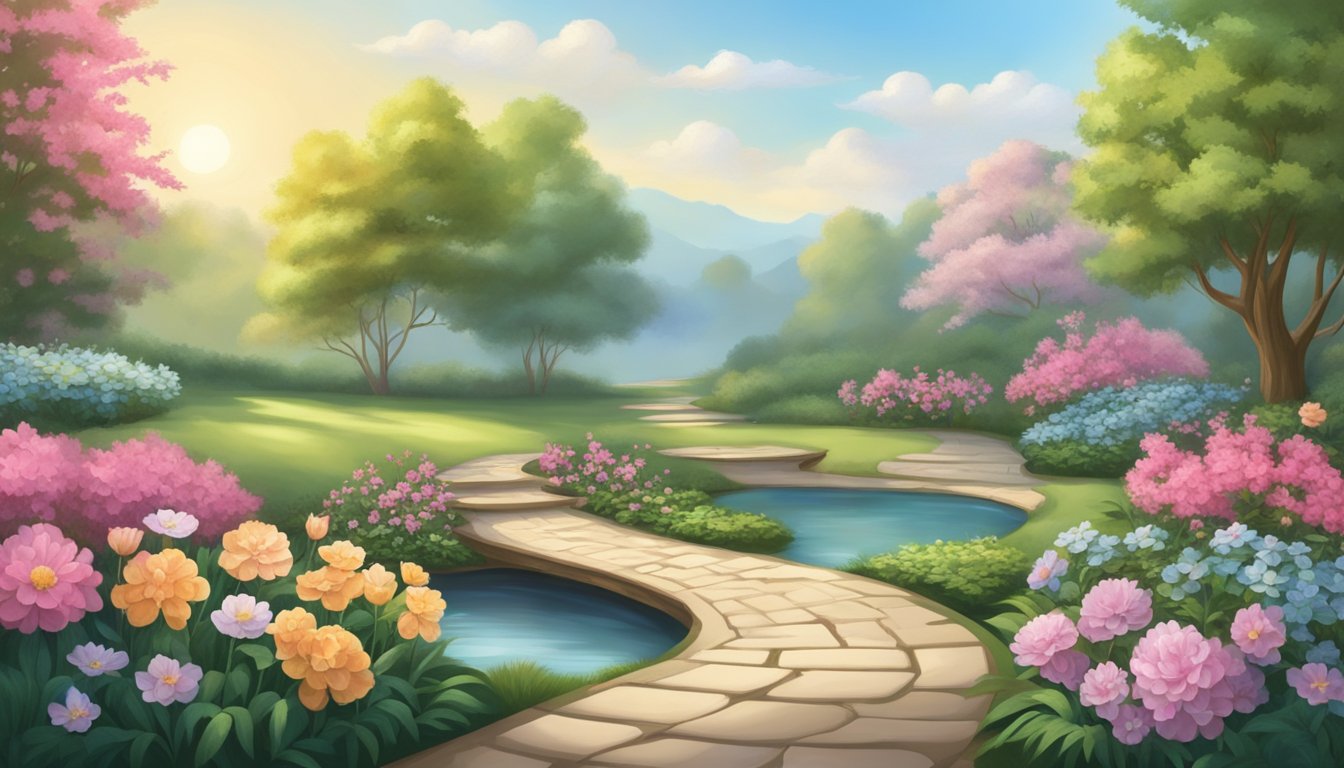 A serene garden with blooming flowers, a winding path, and a tranquil pond reflects spiritual and personal growth