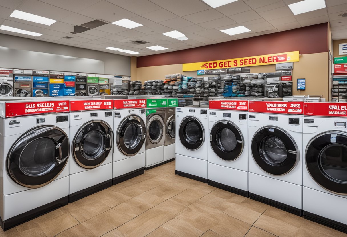 A storefront with a prominent sign reading "Who Sells Speed Queen Washers?" surrounded by various washing machines on display