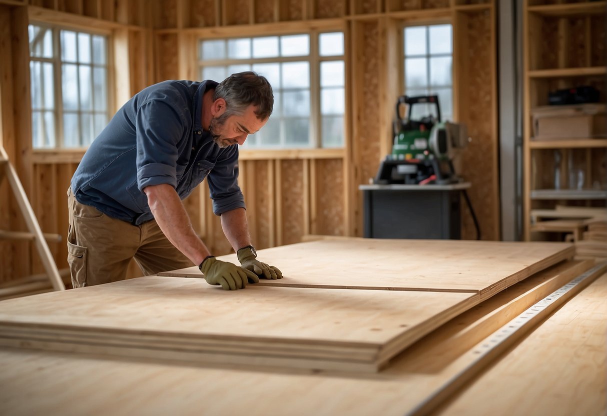 A carpenter measures and compares 5/8 and 3/4 plywood sheets for subfloor installation. The sheets are laid out side by side for examination