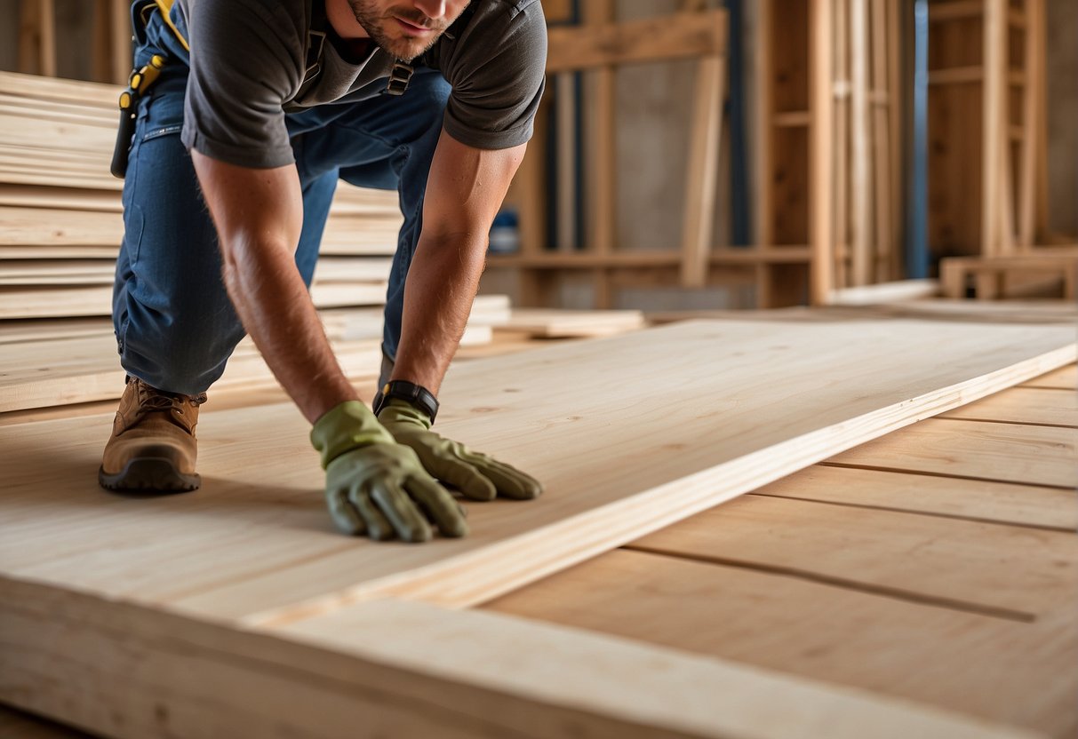 A construction worker lays out 5/8 and 3/4 plywood sheets on a subfloor, considering factors like load-bearing capacity and cost