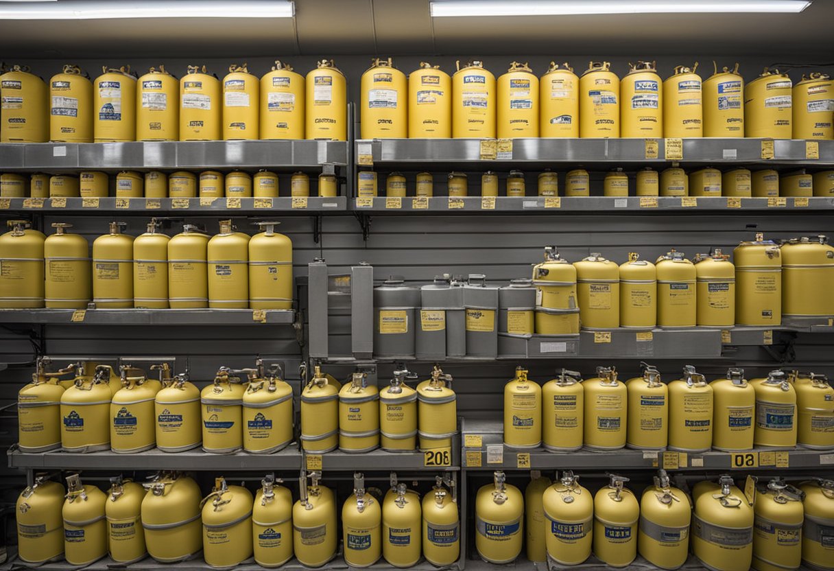 A hardware store display shelves with rows of 20 lb propane tanks. A sign above reads "Who Sells 20 Lb Propane Tanks?" Sunlight filters through the windows, casting shadows on the tanks