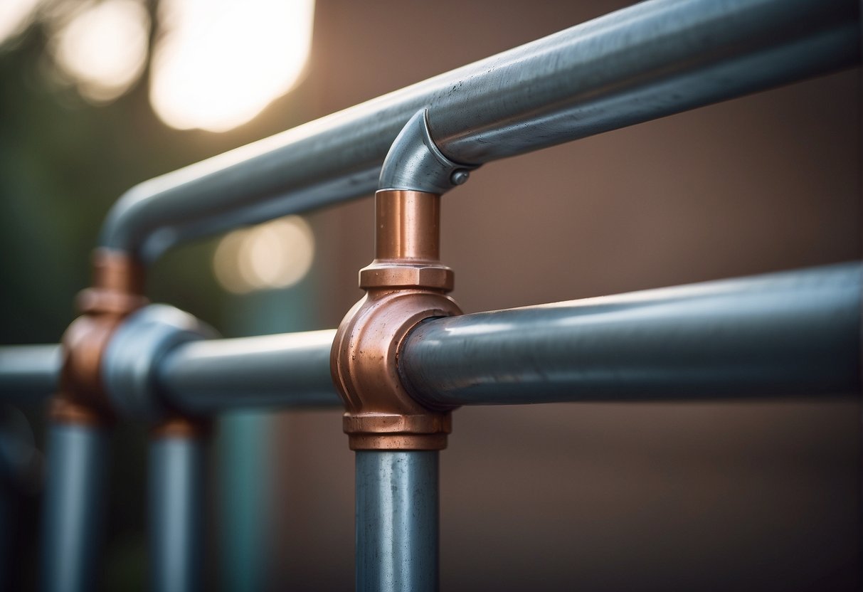 A galvanized pipe and a copper pipe stand side by side, contrasting in color and texture