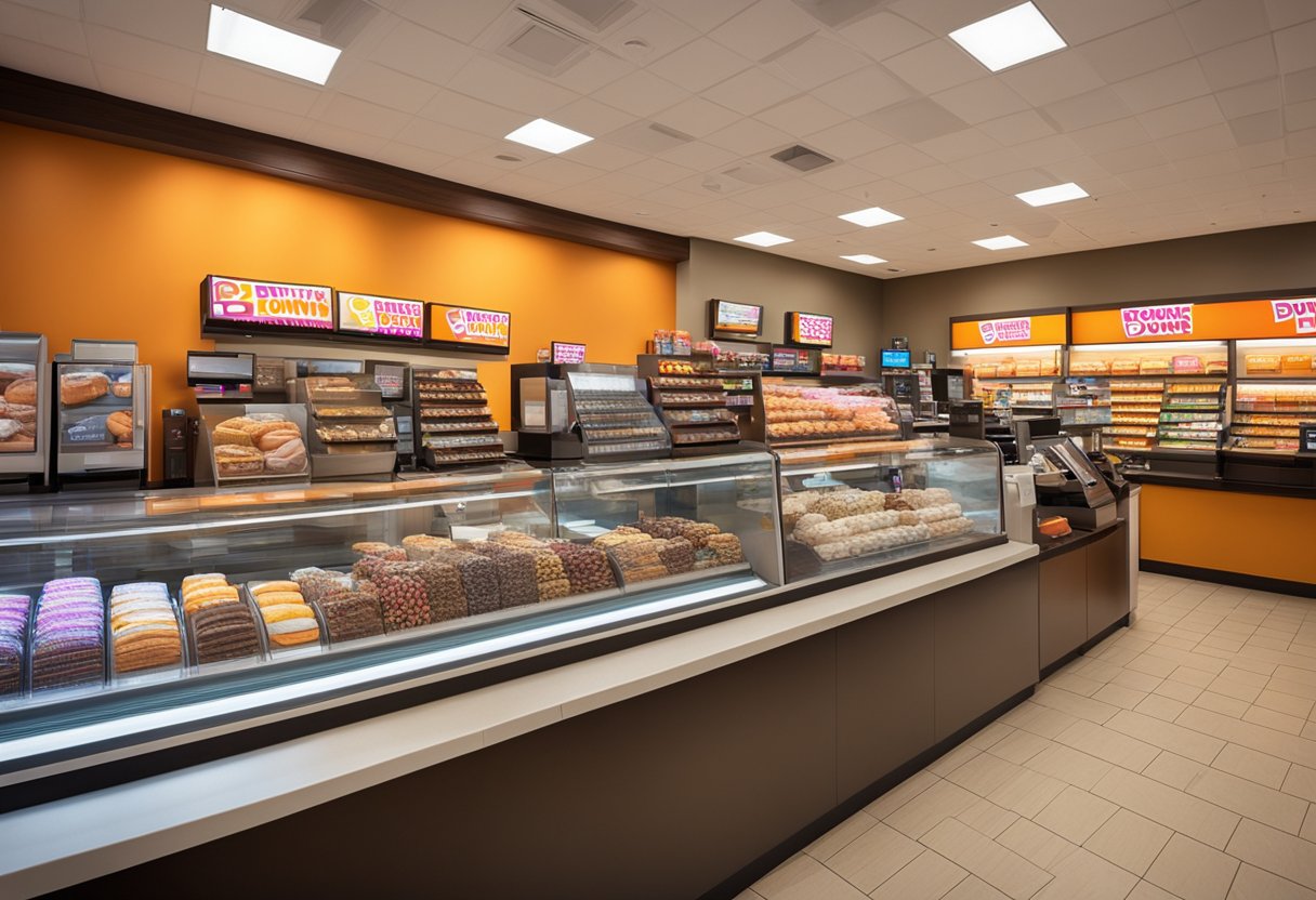 A brightly lit Dunkin Donuts store with a prominent display of gift cards at the checkout counter. The store is bustling with customers and the aroma of freshly brewed coffee fills the air