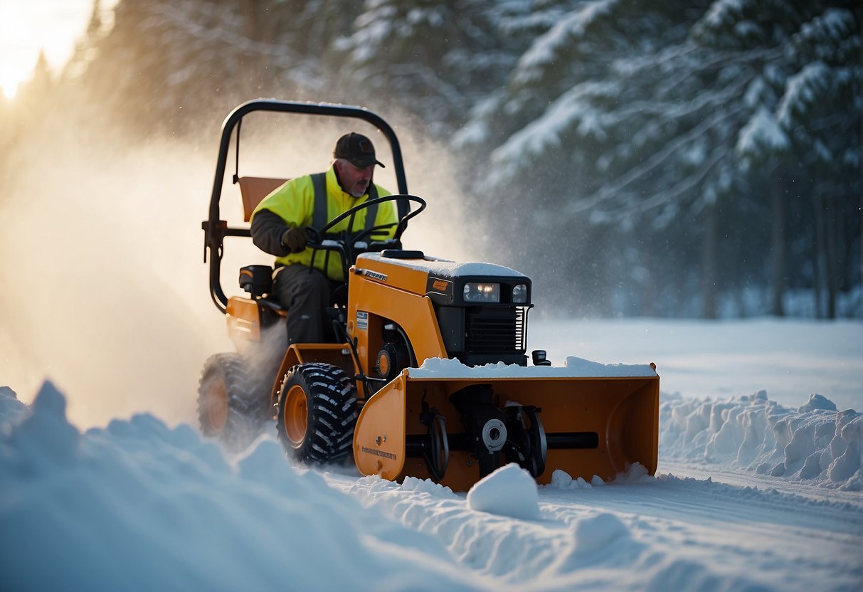 A track snowblower powers through heavy snow, while a wheel snowblower struggles to move in the same conditions