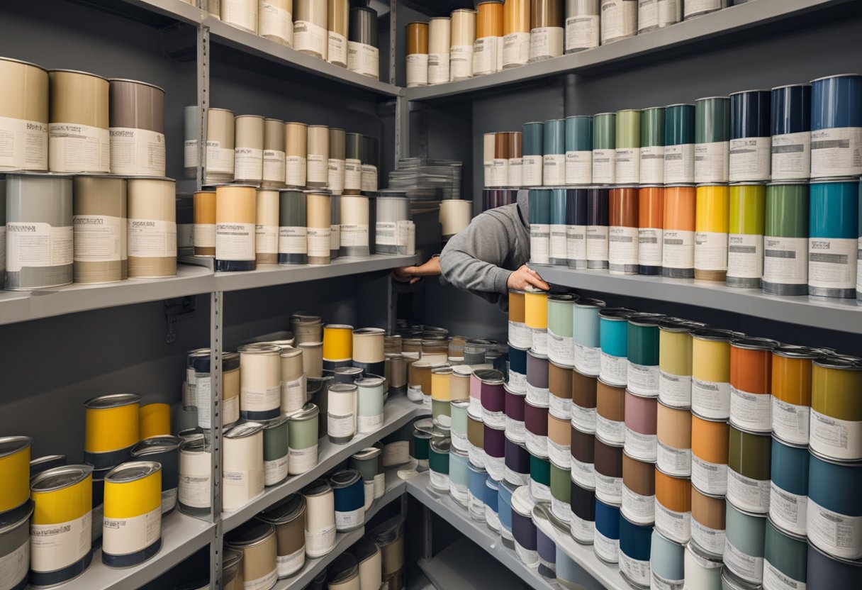 A cozy, well-lit paint store with rows of colorful Farrow and Ball paint cans neatly displayed on shelves. A friendly salesperson helps a customer choose the perfect shade