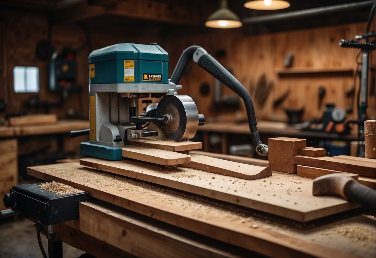 A belt sander and a planer are positioned on a workbench, ready for use. Sawdust and wood shavings scatter the surface, and the tools are surrounded by various types of wood waiting to be worked on