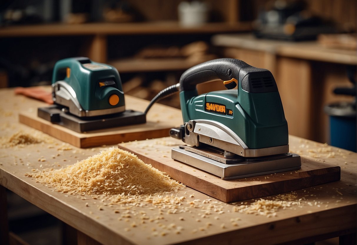 A belt sander and planer sit side by side on a workbench, each showcasing their unique features. Sawdust and wood shavings litter the surface, highlighting the tools' capabilities and limitations