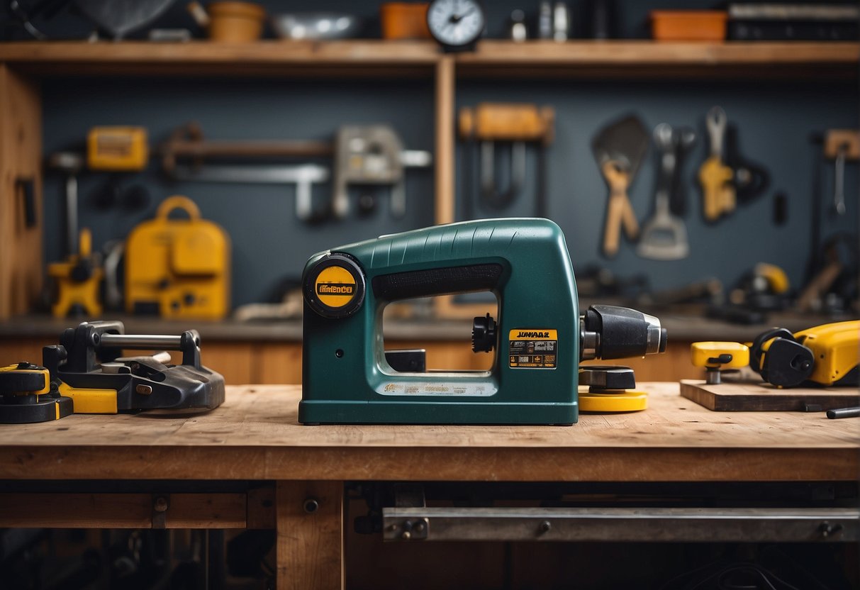 A belt sander and planer sit side by side on a workbench, surrounded by safety equipment and maintenance tools