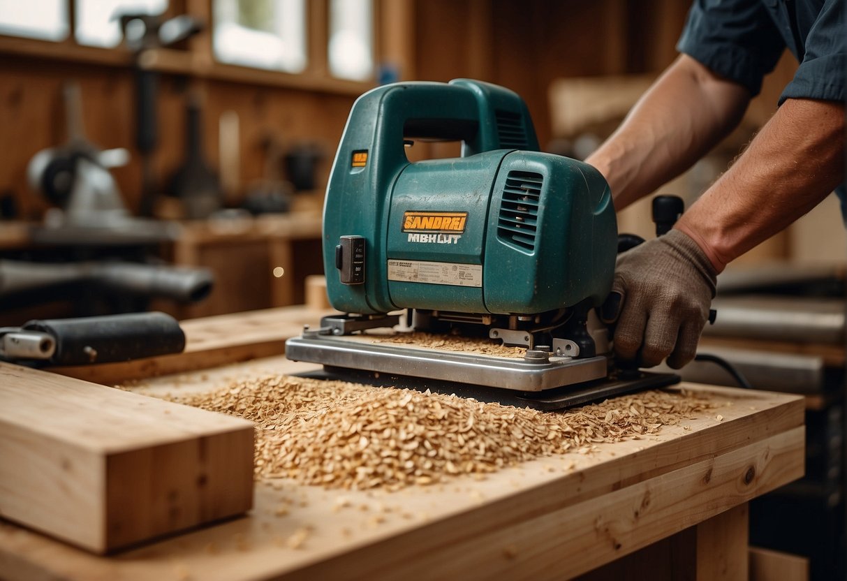 A belt sander and planer are positioned on a workbench, surrounded by wood shavings and sawdust. The belt sander is running, while the planer sits idle