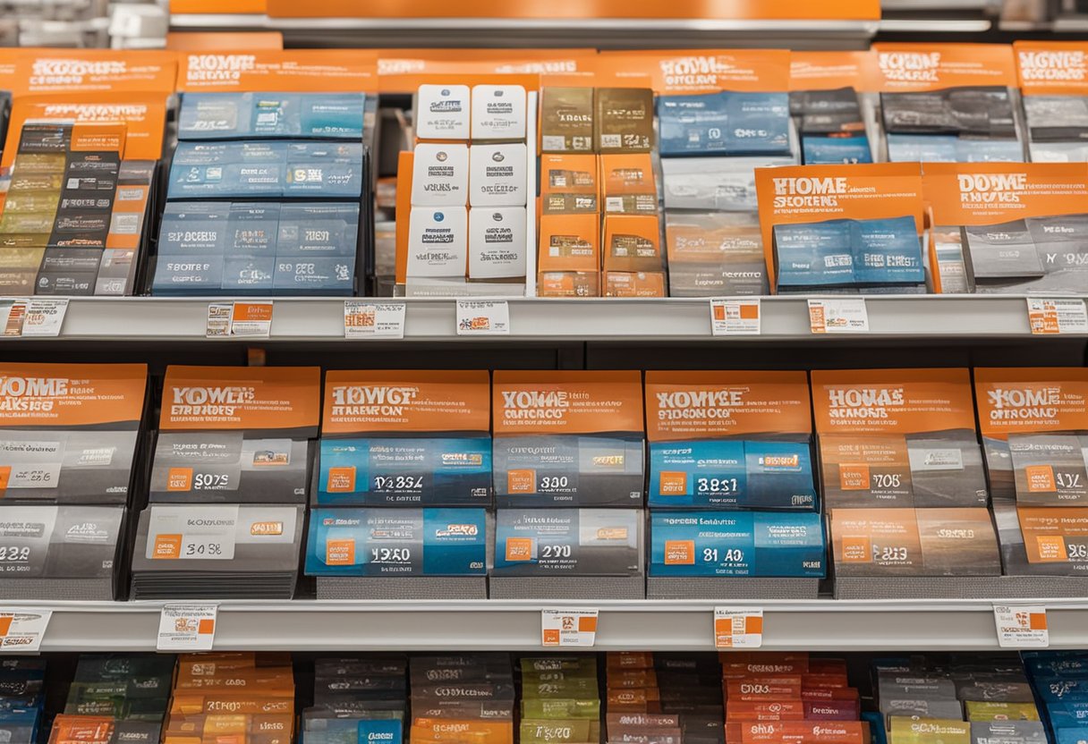 A Home Depot gift card display stands in a well-lit store aisle, with various denominations and designs neatly arranged on the shelves