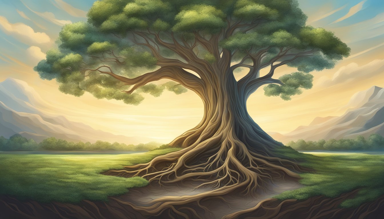 A tree growing tall, its roots reaching deep into the earth, while its branches stretch towards the sky, symbolizing personal and spiritual growth