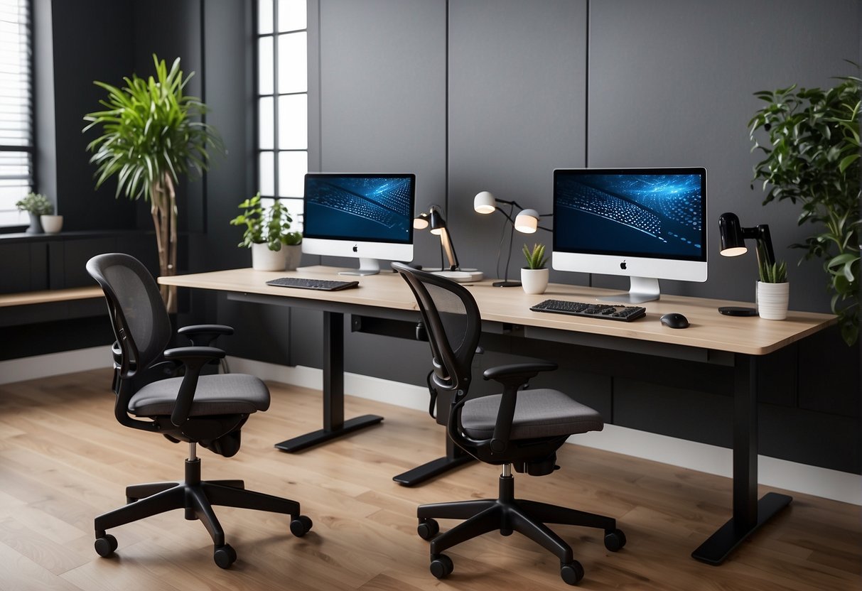 Two ergonomic desks, Flexispot E5 and E7, side by side with adjustable heights and spacious work surfaces, surrounded by office chairs and computer monitors