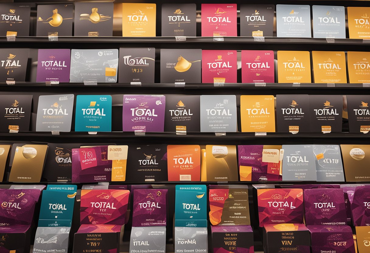 A brightly lit display of Total Wine gift cards arranged on a sleek, modern counter. The cards feature the company's logo and come in various denominations