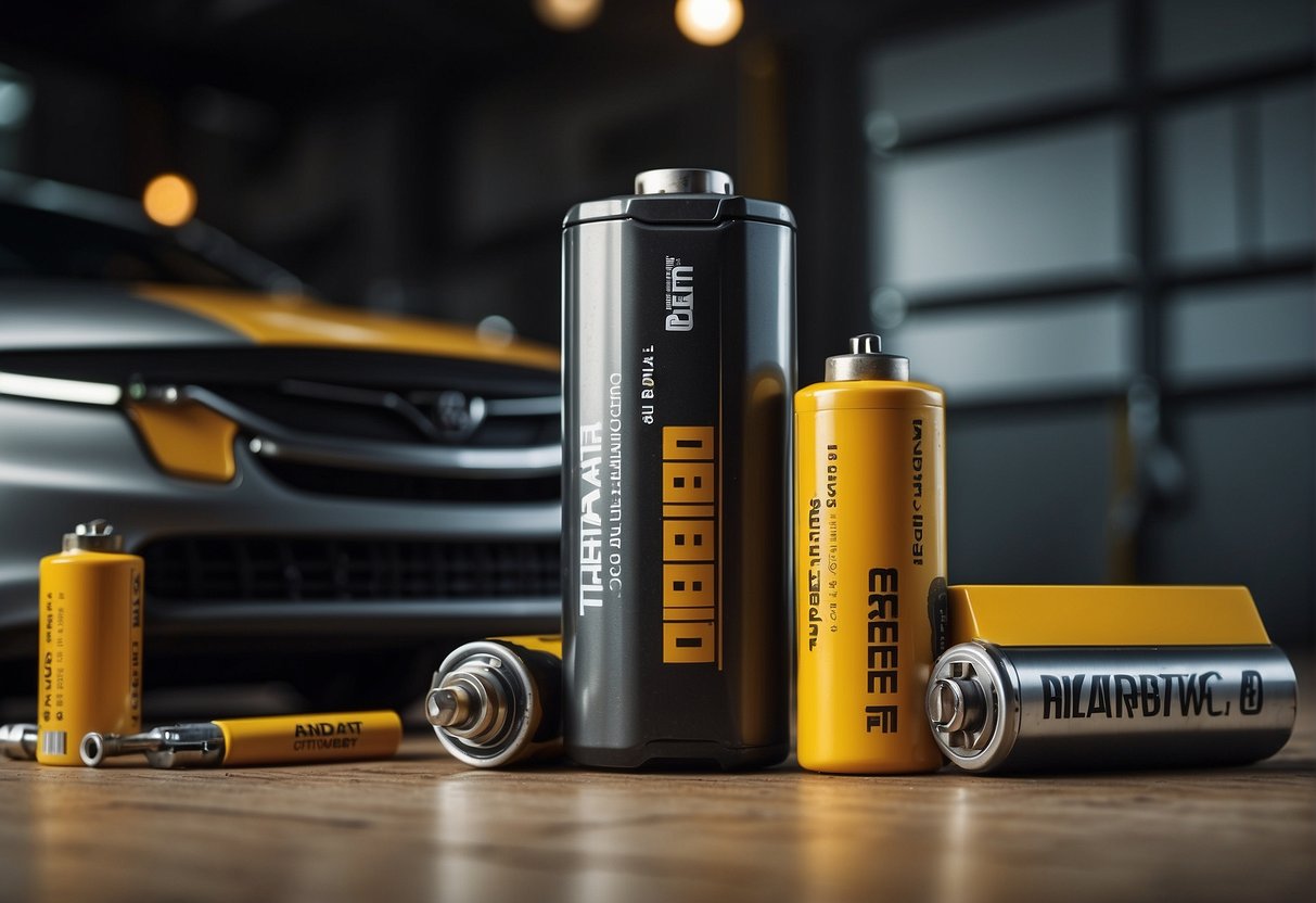 Two car batteries face off, one labeled "Diehard" and the other "Interstate." They stand on a sleek, industrial table, surrounded by tools and wires