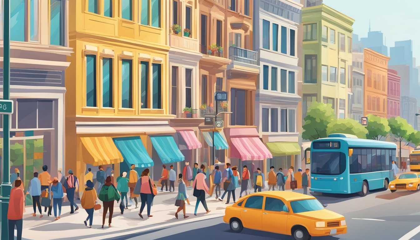 A bustling city street with people going about their daily lives, cars and buses navigating through traffic, and colorful storefronts lining the sidewalks