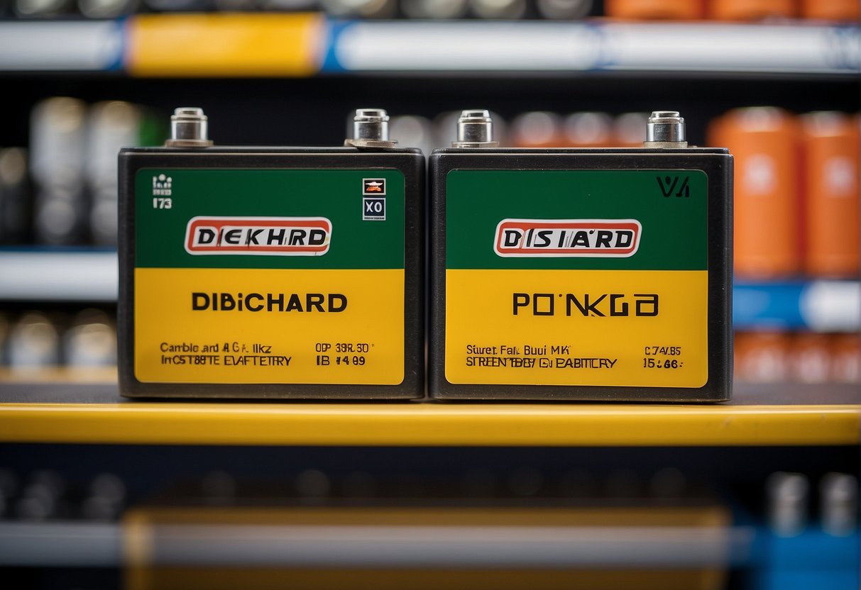 Two car batteries sit side by side on a shelf, one labeled "Pricing and Value" and the other "Diehard vs Interstate Battery." The "Pricing and Value" battery is slightly smaller, while the "Diehard vs Interstate Battery"