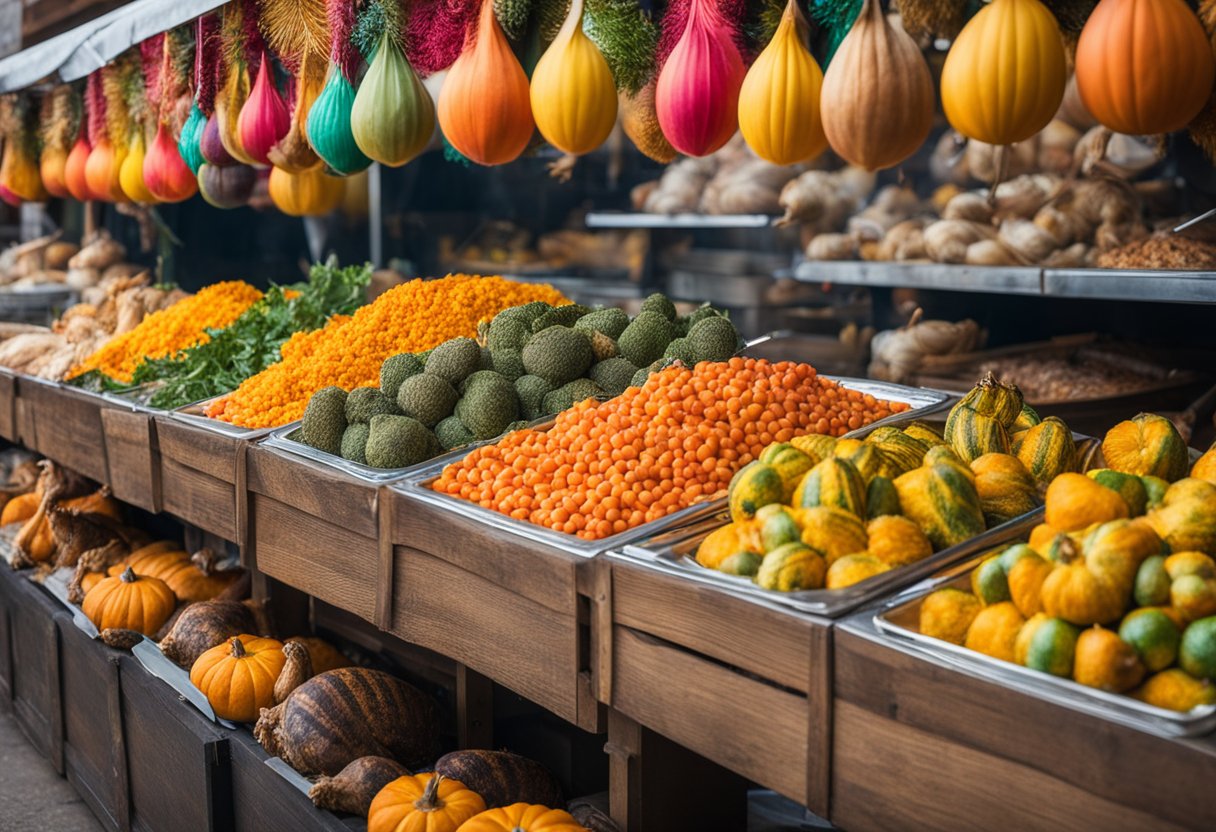 A colorful market stall displays cooked turkeys with festive decorations for Thanksgiving