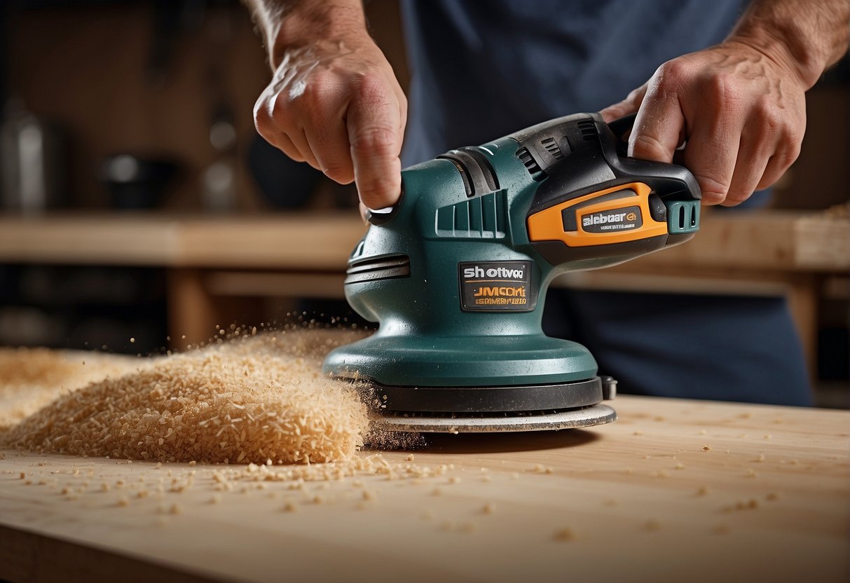 An orbital sander and detail sander face off on a wooden surface, creating a flurry of sawdust and wood shavings