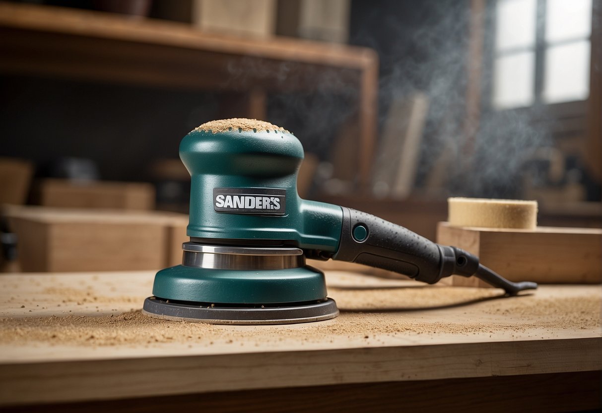 A Sanders orbital sander and detail sander sit side by side on a workbench, surrounded by various sandpaper grits and wood dust