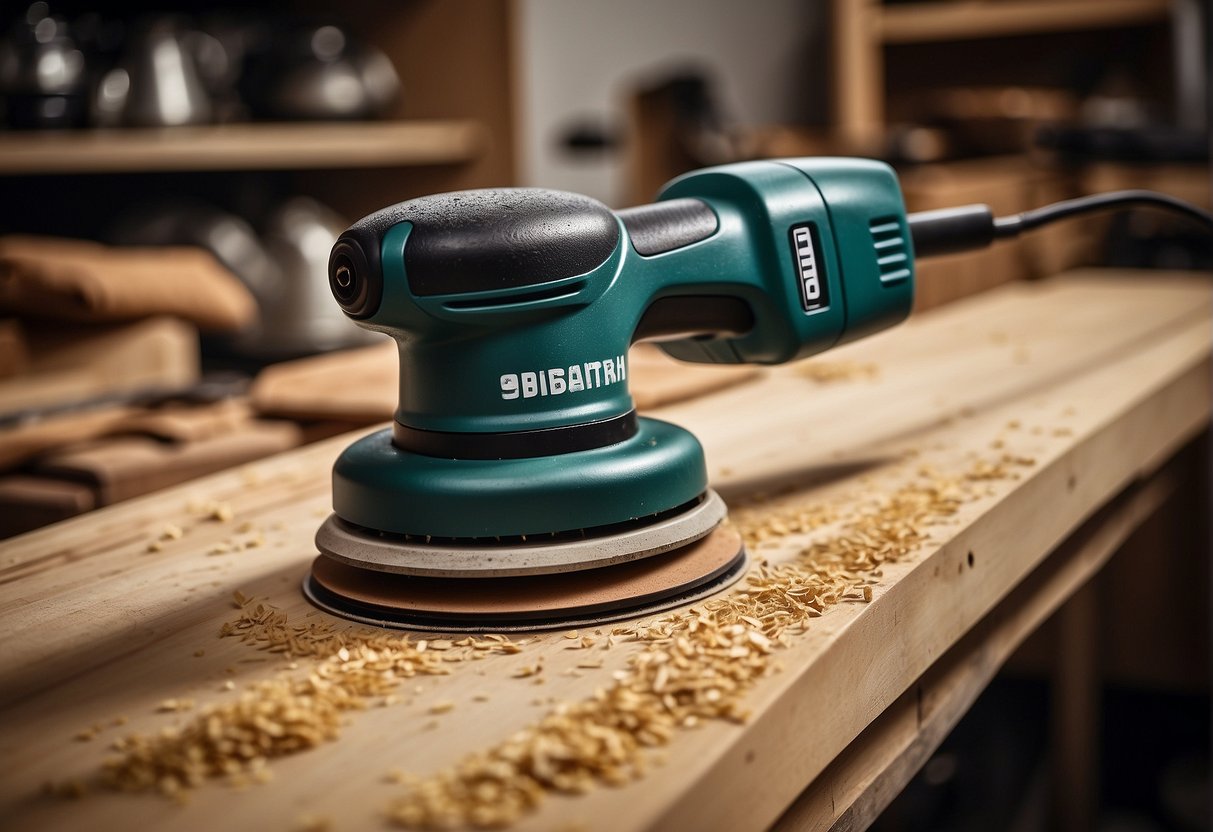 An orbital sander and detail sander are placed side by side on a workbench, with wood shavings scattered around them
