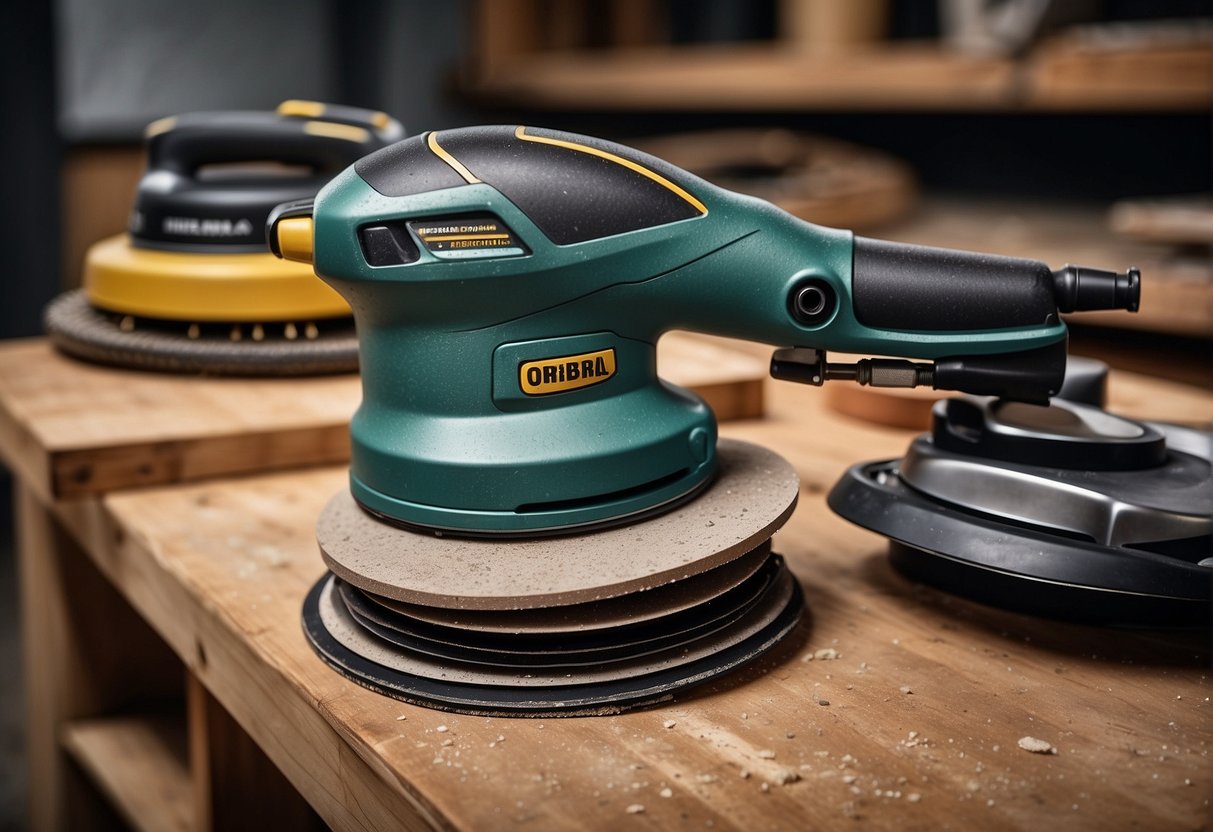 An orbital sander and detail sander sit side by side on a workbench, surrounded by various sanding discs and dust collection attachments