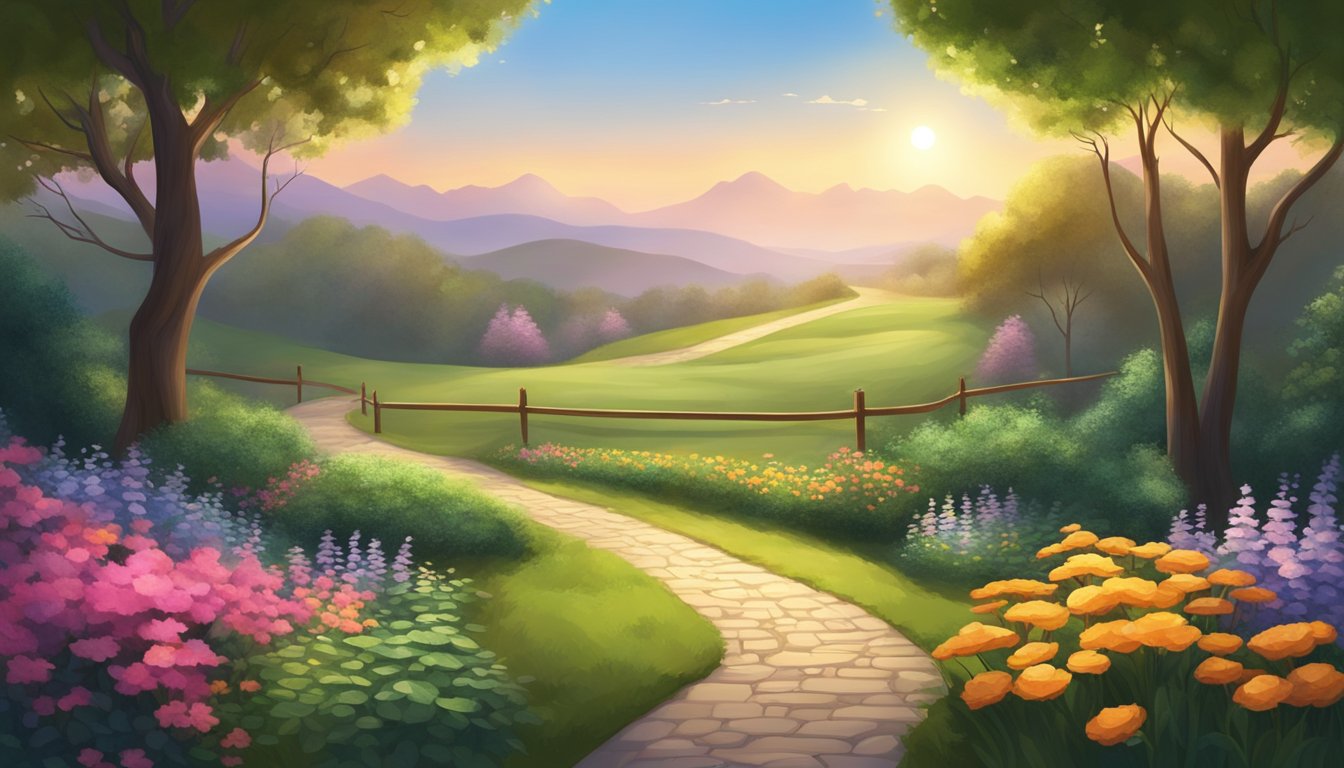 A serene landscape with a winding path leading to a glowing light, surrounded by vibrant flowers and lush greenery