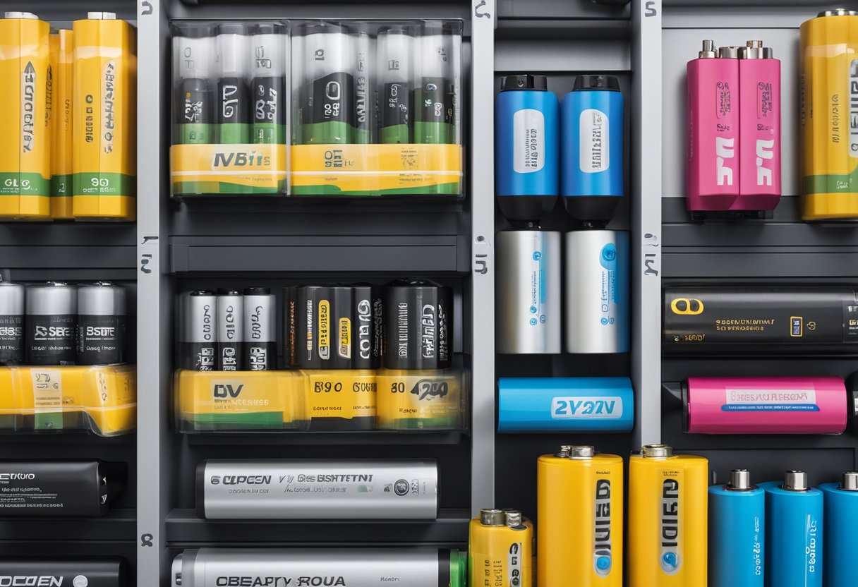 A display shelf with various electronic products, prominently featuring 9V batteries in colorful packaging