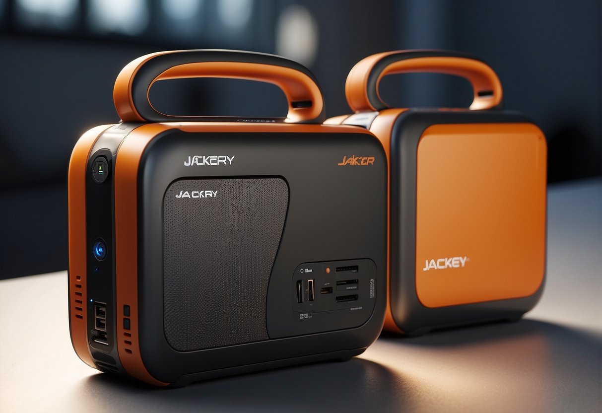 Two portable power stations, Jackery 240 and 300, side by side. The 240 is smaller with a handle, while the 300 is slightly larger and also has a handle for easy carrying