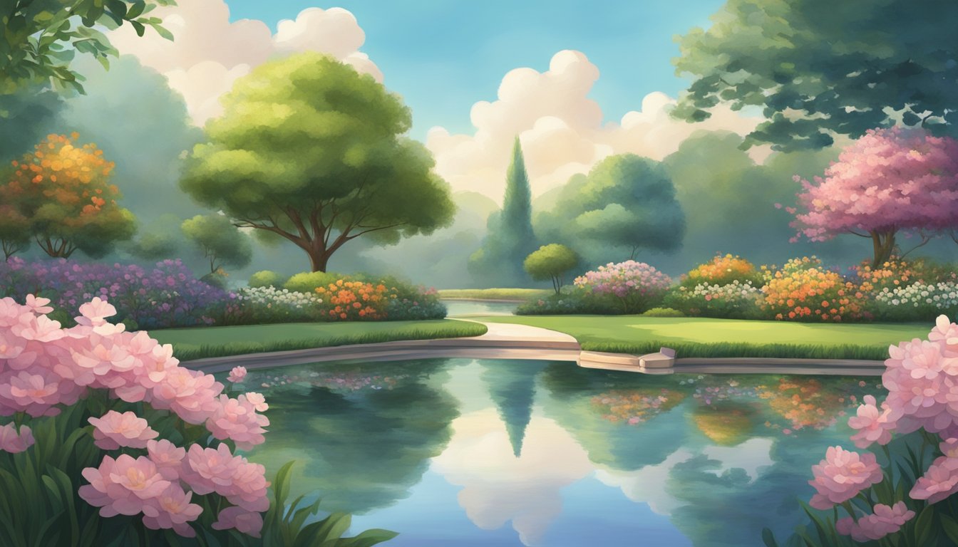 A serene garden with intertwining paths, blooming flowers, and a tranquil pond reflecting the sky